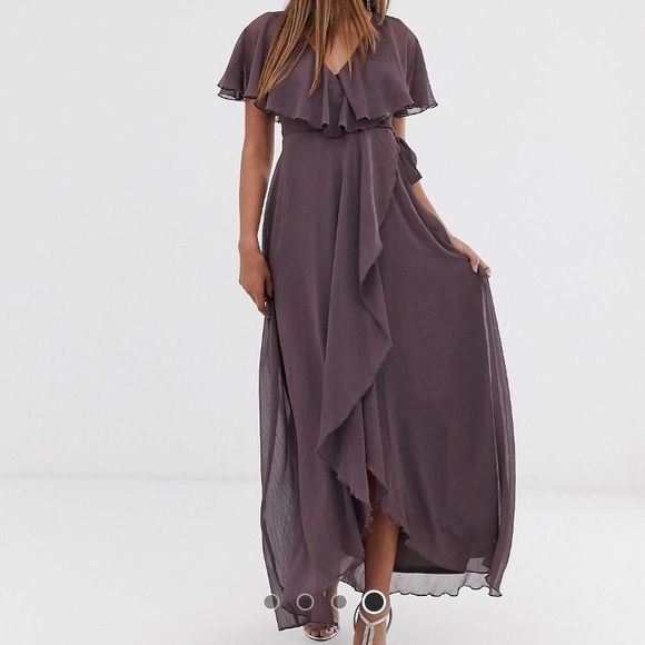 asos design cape back dipped hem maxi dress ASOS DESIGN CAPE BACK DIPPED HEM SURPLICE MIDI DRESS